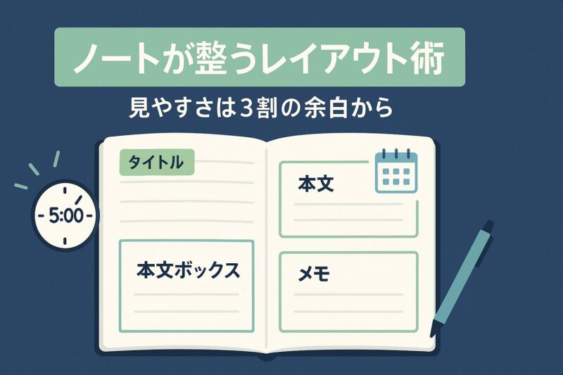 alt="自学ノートを簡単にきれいにまとめるレイアウト方法のイラスト"
