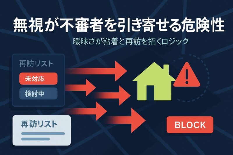 alt="無視が不審者を引き寄せる危険性を示す家アイコンと再訪リストのイメージ"
