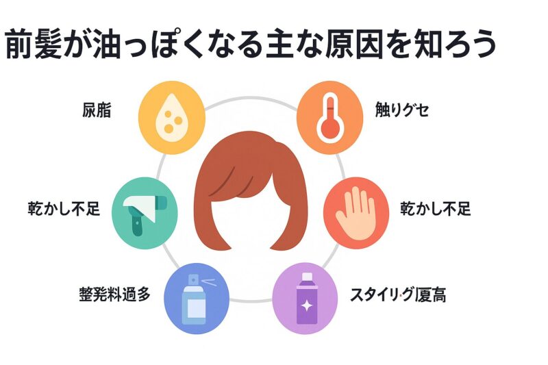 alt="前髪が油っぽくなる主な原因を示すインフォグラフィック。皮脂移行や湿気など5つの要因を解説"