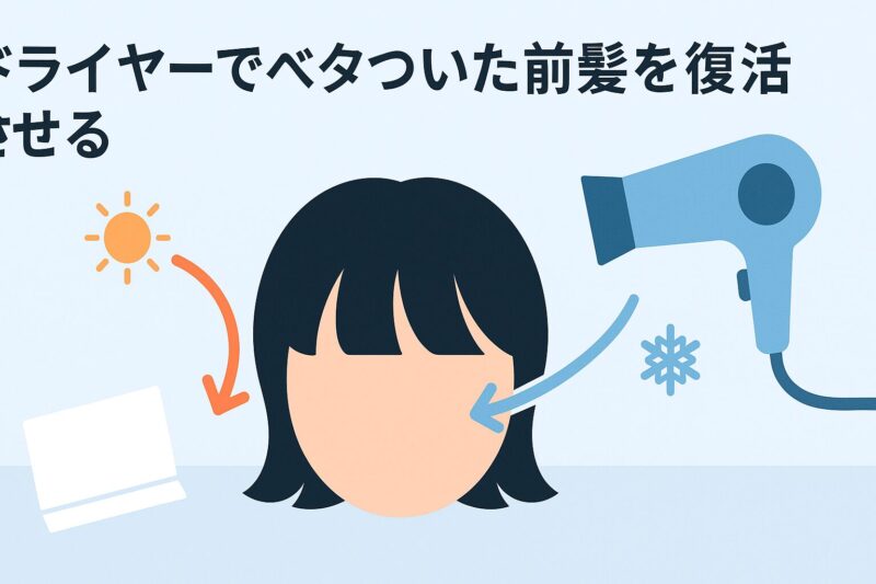 alt="ドライヤーでベタついた前髪を復活させる方法。温風と冷風を使い分ける手順を矢印で表現"