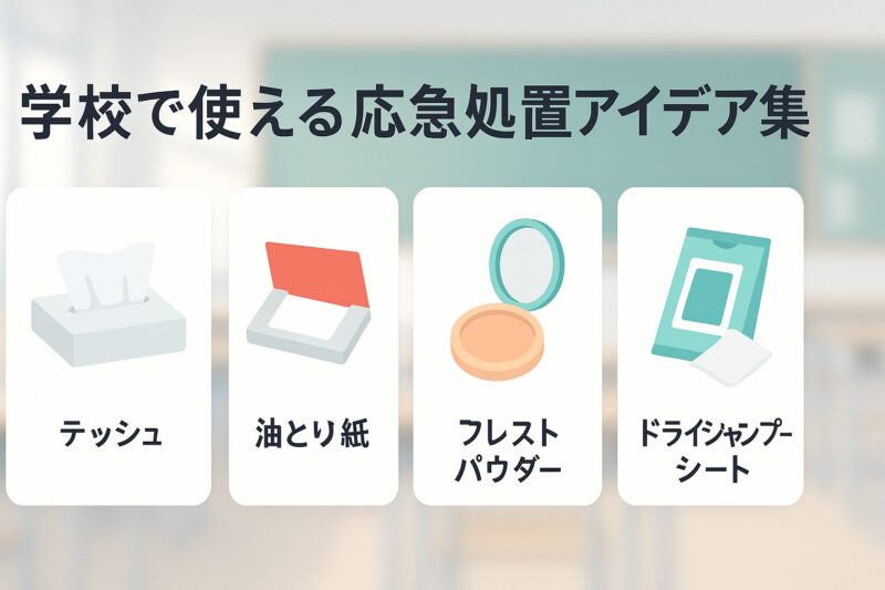 alt="学校で使える応急処置アイデア集。ティッシュや油とり紙、プレストパウダー、ドライシャンプーのカードUI"