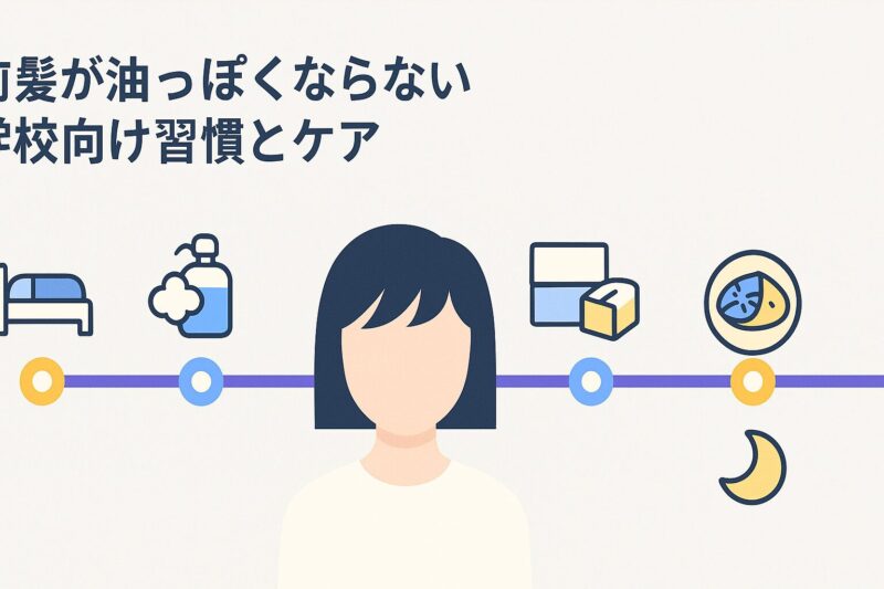 alt="前髪が油っぽくならない学校向け習慣とケア。睡眠、洗顔、昼のリセット、食事などを路線図風に表現"
