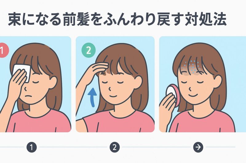 alt="束になる前髪をふんわり戻す対処法の図解。ティッシュで油分をオフし、空気を入れパウダーで整える手順"