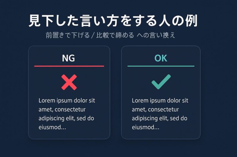 見下した言い方をする人の例を示すNG／OK比較カード。希望的で柔らかい言い換え方法を提示

