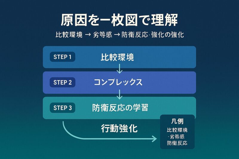 人を見下す態度の原因を一枚図で示したインフォグラフィック。比較環境・コンプレックス・防衛反応の三層構造

