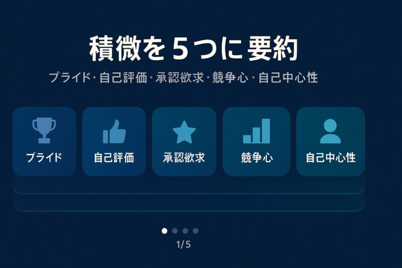 人を見下す人の特徴を5つに要約したカード型インフォグラフィック。プライド・自己評価・承認欲求・競争心・自己中心性を解説
