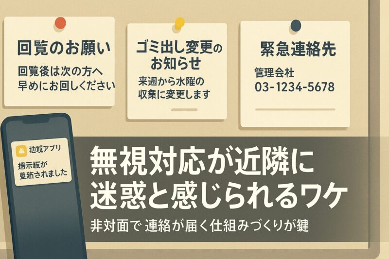 alt="無視対応が近隣に迷惑と感じられるワケを表す掲示板と地域アプリ通知のイラスト"
