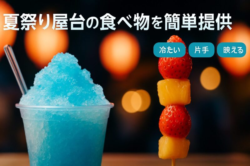 夏祭り屋台の食べ物を簡単に提供する方法を示すかき氷と冷凍フルーツ串の写真
