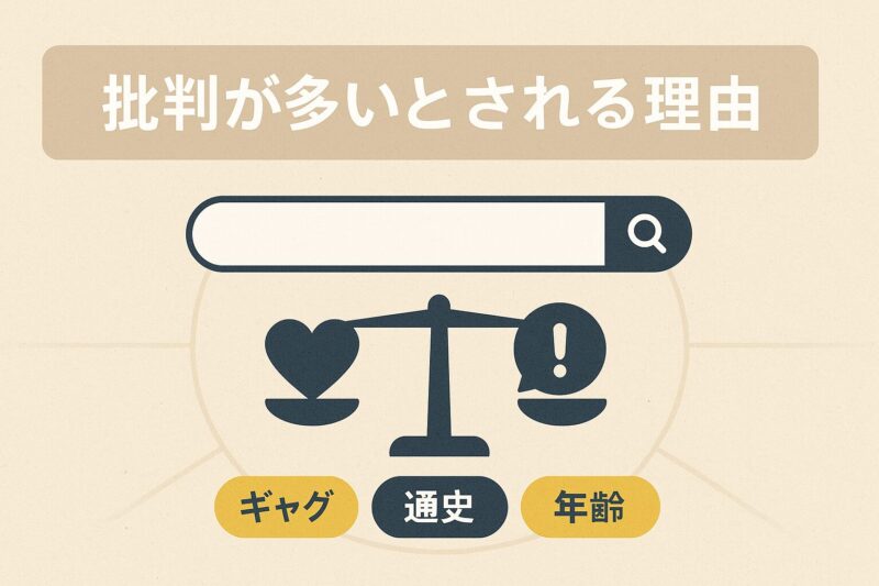 alt="ねこねこ日本史の批判が多いとされる理由を表現。天秤にハートと感嘆符が置かれ、下部にギャグや通史などのタグが配置されている"