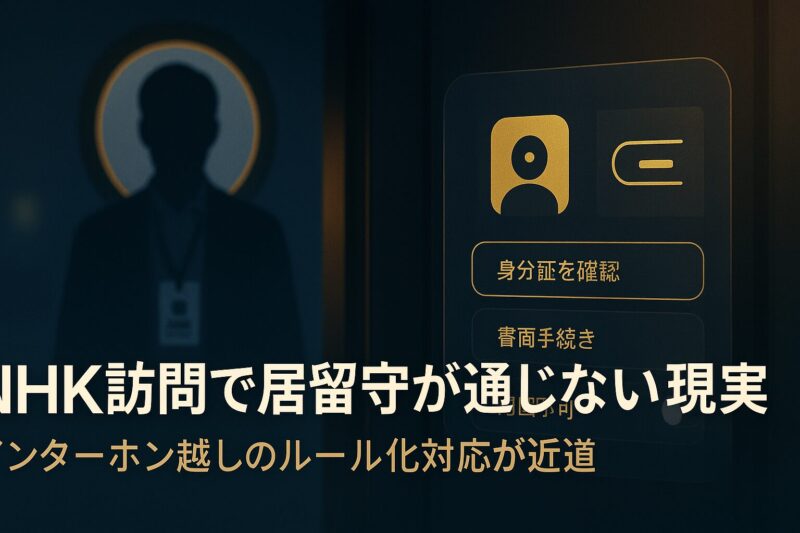 alt="NHK訪問で居留守が通じない現実を描いた玄関ドアスコープとインターホンUI"
