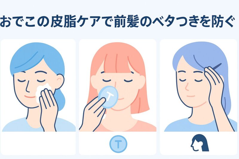 alt="おでこの皮脂ケアで前髪のベタつきを防ぐ。洗顔、パウダーケア、触りグセ防止を3分割で示す"