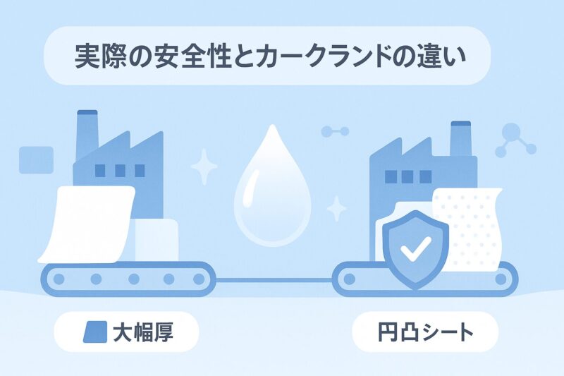 実際の安全性とカークランドの違いを表す2つの工場アイコンと製品特徴イメージのイラスト