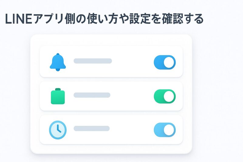 リマインくん利用時のLINEアプリ側の設定確認を示すイラスト。通知許可やバッテリー最適化解除を強調