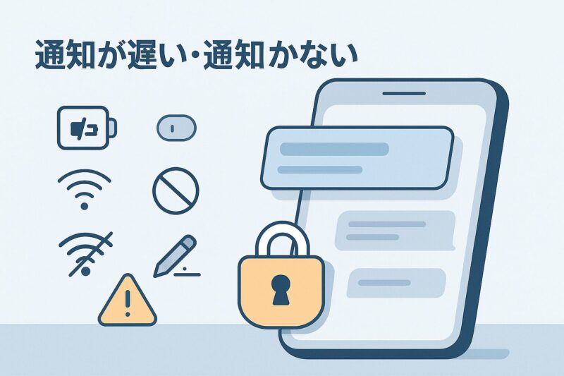 リマインくんで通知が遅い・通知こないトラブル事例を示すイメージ。原因切り分けをピクトで表現
