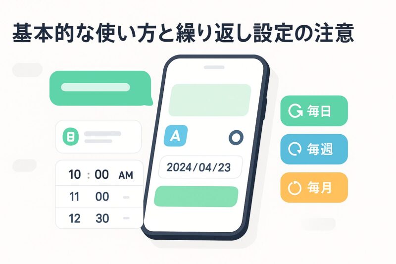 リマインくんの基本的な使い方と繰り返し設定を解説するイメージ。スマホとリピートアイコンを表示
