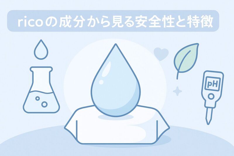 ricoのおしりふき成分や安全性を表現するラボとボタニカルの融合イメージイラスト