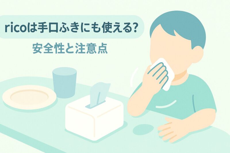 ricoのおしりふきを手口ふきに使う場面と注意点を表す食卓と子どもの手の抽象イラスト