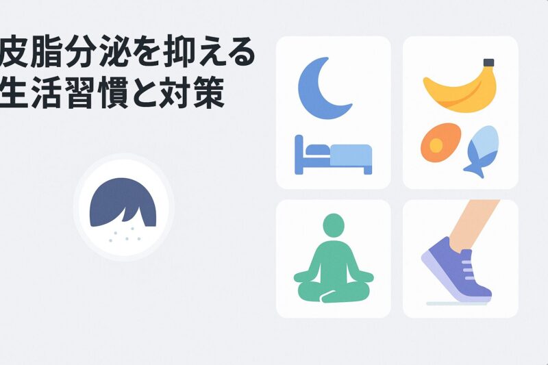 alt="皮脂分泌を抑える生活習慣と対策。睡眠、栄養、ストレス対策、軽い運動をカード形式で提示"