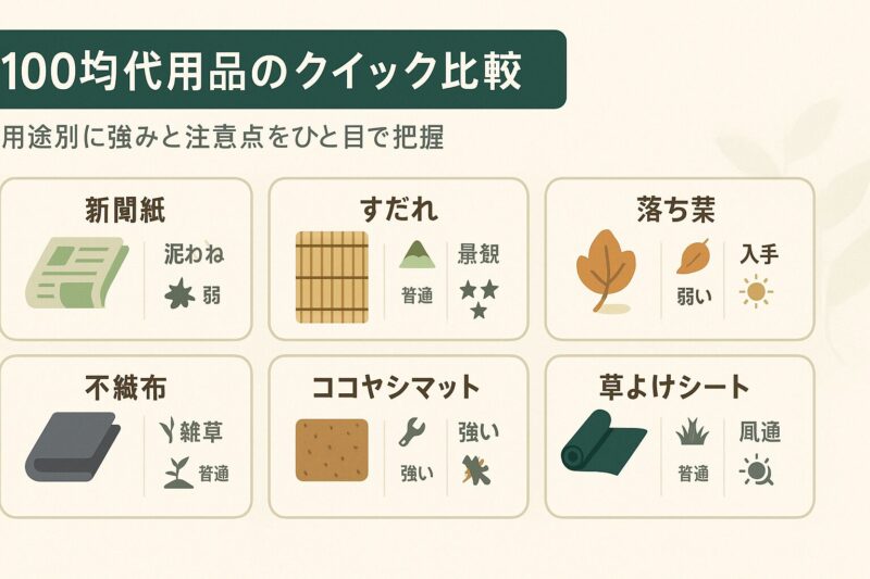 alt="100均代用品のクイック比較。新聞紙、すだれ、落ち葉、不織布、ココヤシマット、草よけシートの特徴を比較カードで表示"
