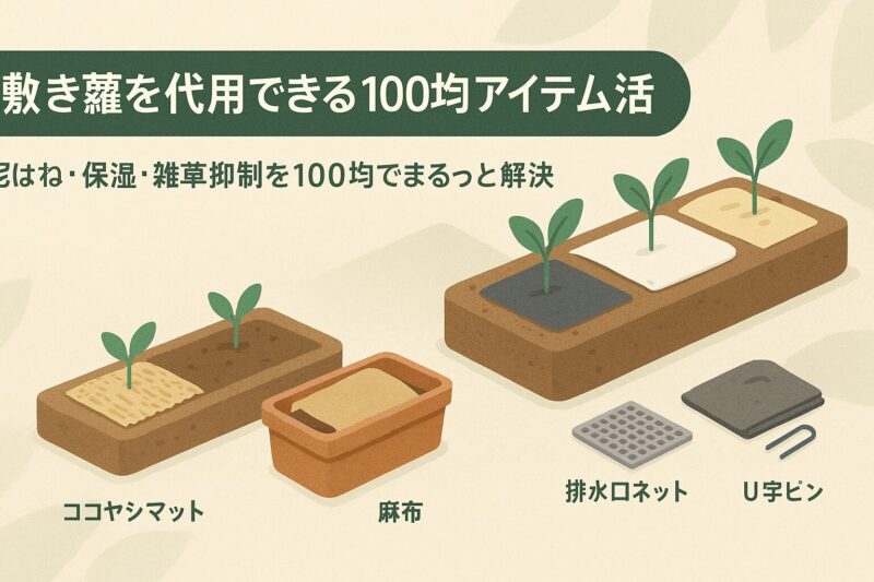alt="敷き藁を代用できる100均アイテム活用法の図解。ココヤシマット、不織布、草よけシートなどを比較した家庭菜園向けイラスト"
