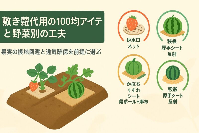 alt="敷き藁代用の100均アイテムと野菜別の工夫。いちご、かぼちゃ、スイカでの使い分けを円形パネルで示した図解"
