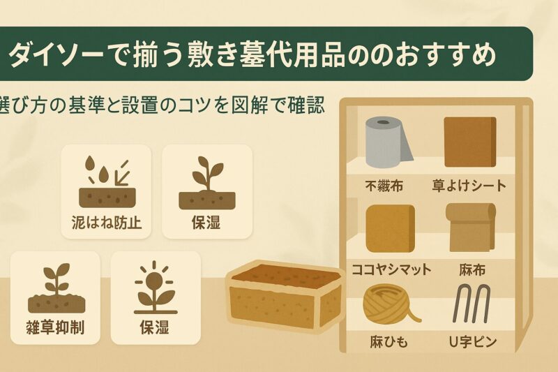 alt="ダイソーで揃う敷き藁代用品のおすすめ。麻布や不織布、ココヤシマットなどを棚風に紹介する図解"
