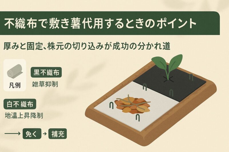 alt="不織布で敷き藁代用するときのポイント。黒不織布と白不織布を比較し、株元の切り込みと固定を示す図解"
