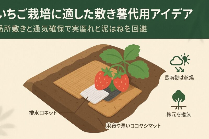 alt="いちご栽培に適した敷き藁代用アイデア。果実直下に排水口ネットや麻布を敷き実腐れを防ぐイラスト"
