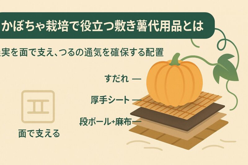 alt="かぼちゃ栽培で役立つ敷き藁代用品。大玉かぼちゃの下にすだれ、厚手シート、段ボールを敷いて支える図解"
