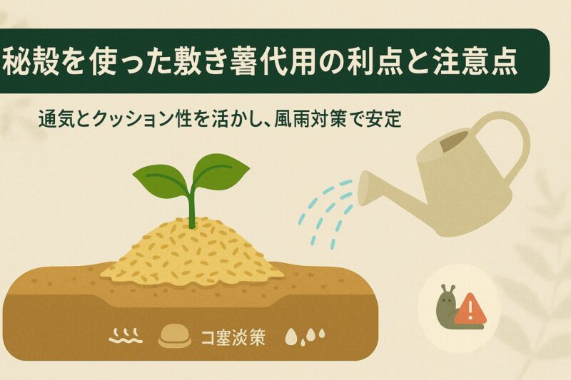 alt="籾殻を使った敷き藁代用の利点と注意点。畝に籾殻を敷き、風雨対策として縁に溝やジョウロで湿らせる図解"
