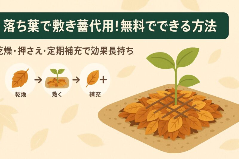 alt="落ち葉で敷き藁代用する無料の方法。乾燥した落ち葉を株元に敷き細枝で押さえる園芸イラスト"
