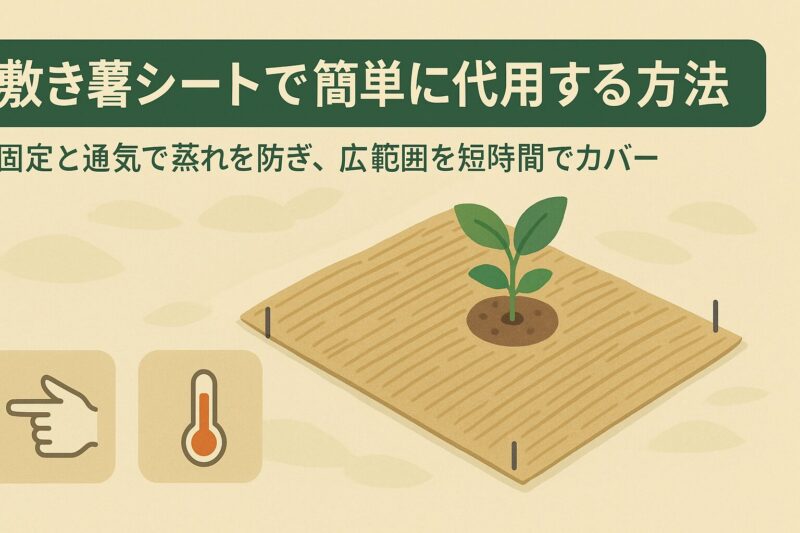 alt="敷き藁シートで簡単に代用する方法。稲わら風シートを畝に広く敷き、株元に十字カットを入れた園芸図解"

