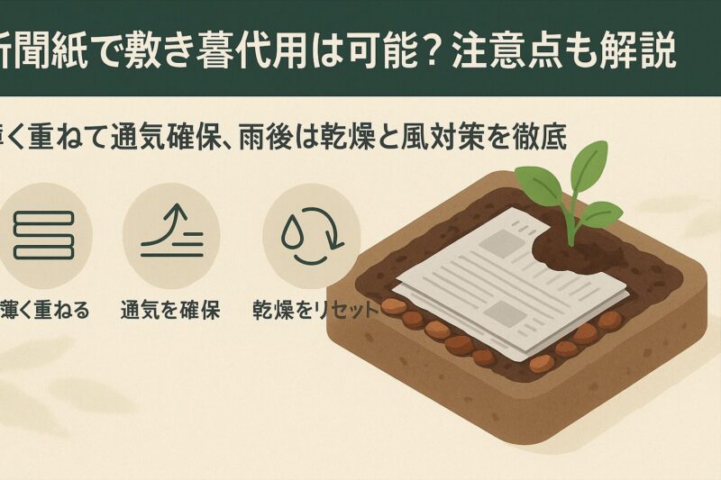 alt="新聞紙で敷き藁代用は可能かを解説。湿らせた新聞紙を畝に敷き泥はね防止する方法を示した家庭菜園イラスト"
