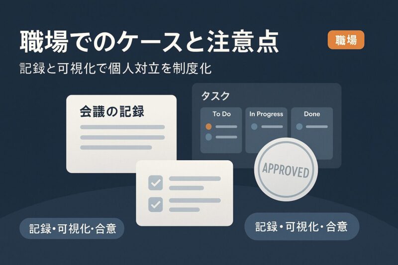 職場でのケースと注意点を示すビジネスUI風イラスト。議事録・タスクボード・合意スタンプで記録と可視化を強調
