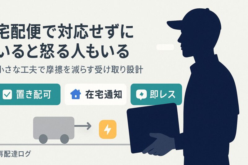 alt="宅配便で対応せずにいると怒る人もいる状況を示す配達員と受け取りUIのイメージ"
