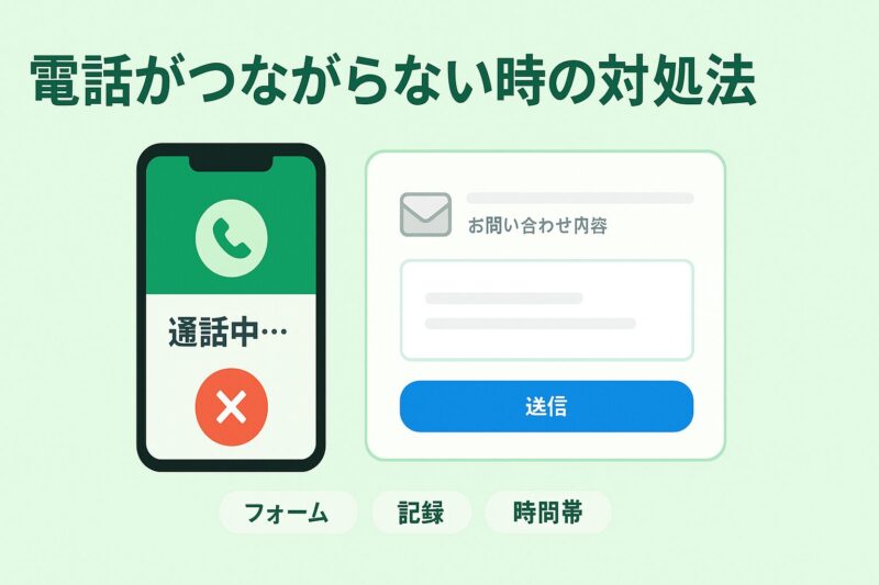 alt="トリドリマーケティングで電話がつながらない時の対処法を示す問い合わせUIイラスト"
