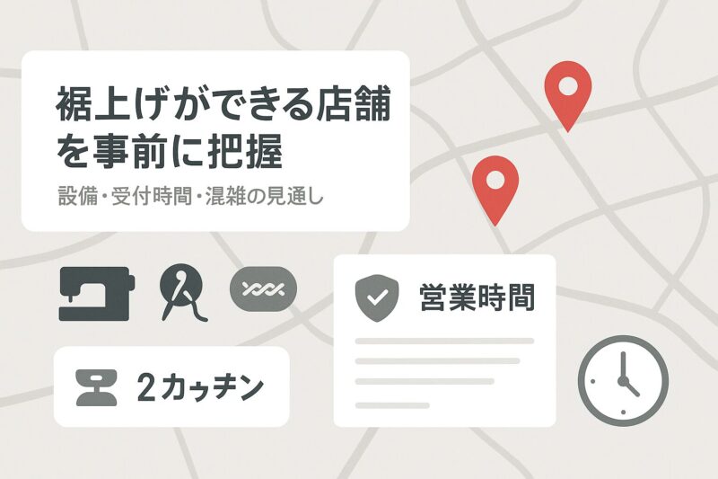 ユニクロ裾上げができる店舗を事前に把握するためのマップと対応設備アイコンを示す解説画像  
