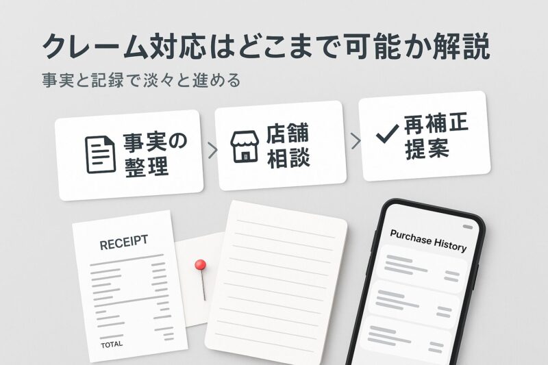 ユニクロ裾上げでクレーム対応がどこまで可能かを図解したフローとレシートや購入履歴を示すイメージ  
