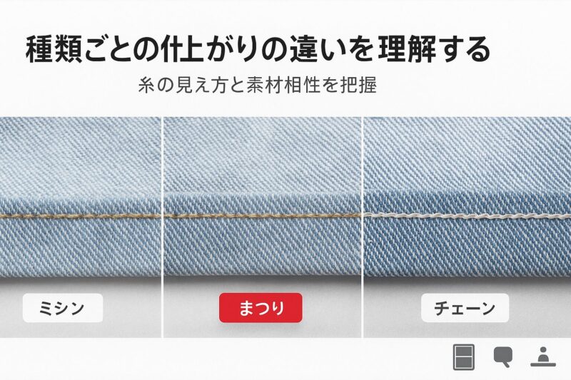 ユニクロ裾上げの仕上がりの違いを種類ごとに比較しミシン・まつり・チェーンステッチを強調した図解  
