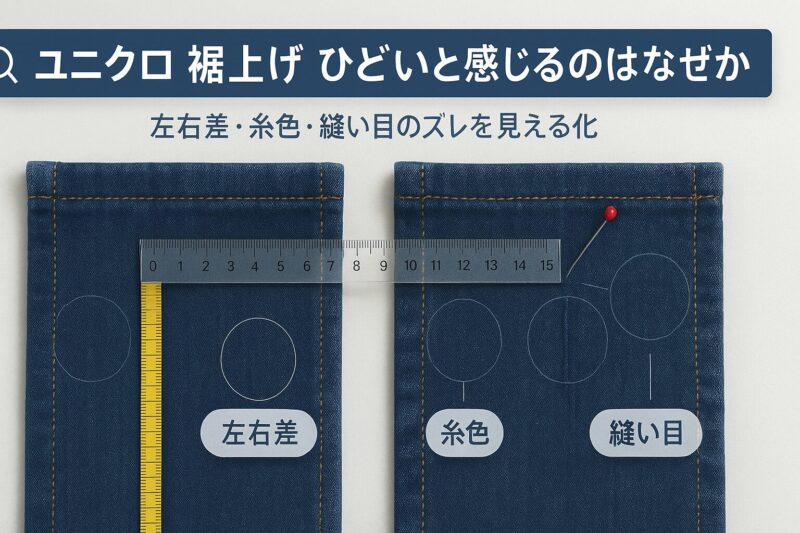 ユニクロの裾上げがひどいと感じる原因を示すデニム裾の左右差や縫い目のズレを計測する解説画像  
