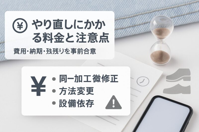 ユニクロ裾上げのやり直しにかかる料金と注意点を料金表カードと砂時計で示した図解画像  
