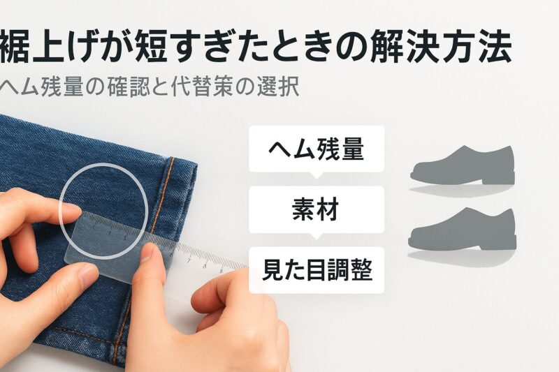 ユニクロ裾上げが短すぎた場合の解決方法を定規と靴のシルエットで説明する日本語解説図  
