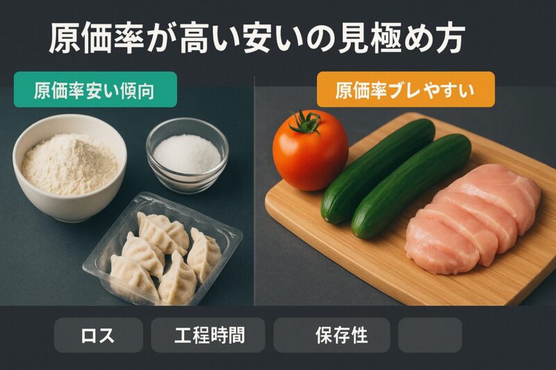 原価率が高い安いの見極め方を示す粉ものと生鮮食材の比較イラスト
