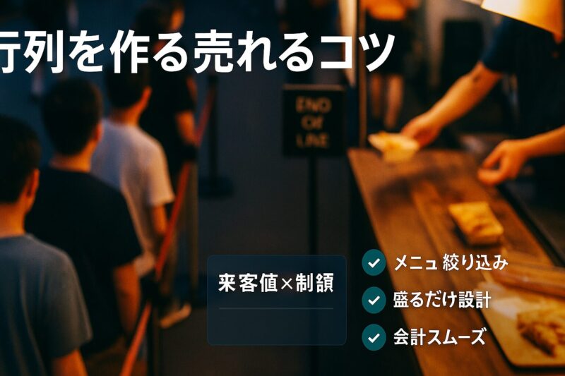行列を作る売れるコツを説明する短い蛇行レーンとUI要素を組み合わせた図解
