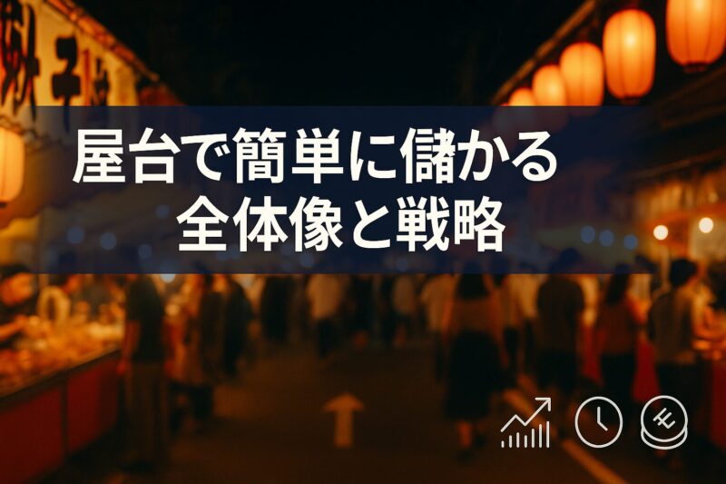 屋台で簡単に儲かる全体像と戦略を示す夜祭の俯瞰イメージと提灯の賑わい
