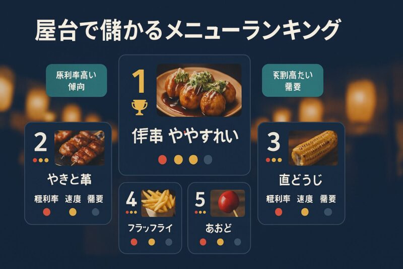 屋台で儲かるメニューランキングを示すカード型インフォグラフィック
