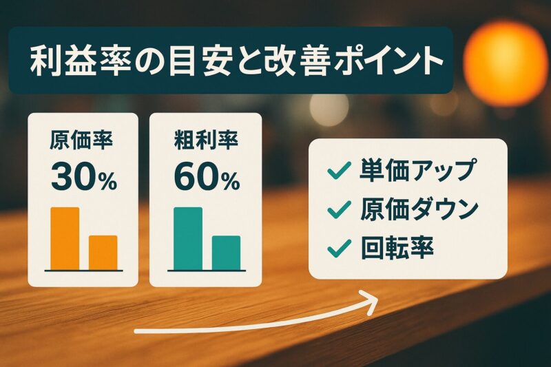 屋台の利益率の目安と改善ポイントを解説する棒グラフ付きインフォグラフィック
