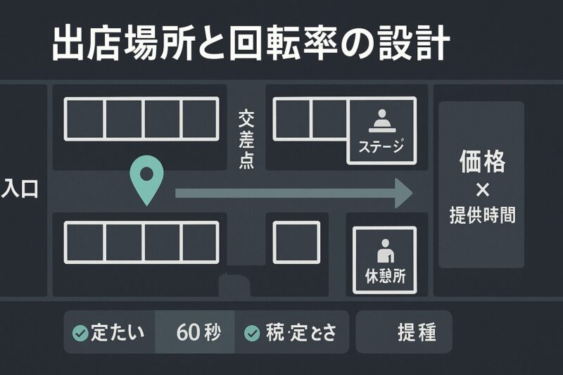 出店場所と回転率の設計を解説する会場マップUIとKPIカードの図解
