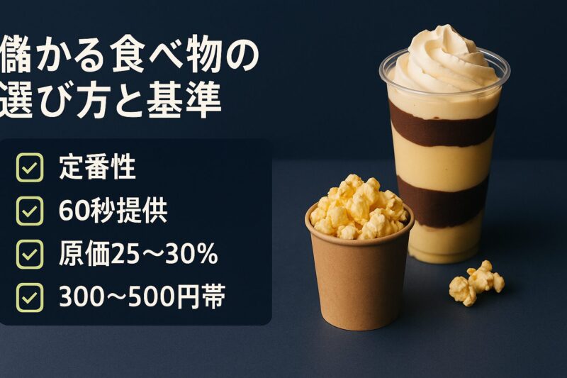 儲かる食べ物の選び方と基準を示すチェックリストとクレープやポップコーン写真
