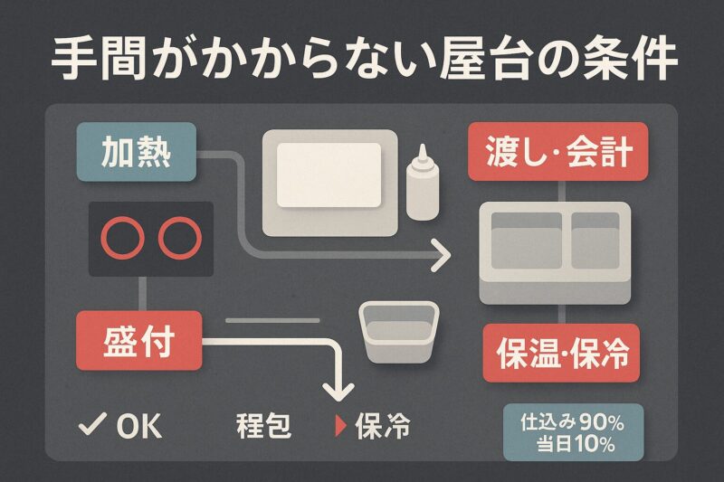 手間がかからない屋台の条件を示す俯瞰レイアウト図と工程ゾーンの分け方
